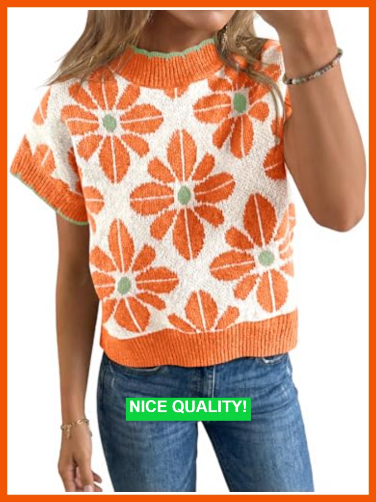 Women's Floral Short Sleeve Crew Neck Knit Summer Pullover Sweater